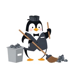 Animated penguin in a tuxedo sweeps coal into a bin, holding a broom. Cartoon style on a white background