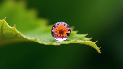 a stunning macro shot of a single water droplet on a green leaf reflecting a beautiful flower