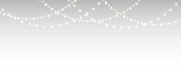 png festive garland with glowing bulbs, yellow string lights, banners, stars, and lamp elements, isolated vector for christmas, birthday, party, or holiday celebration