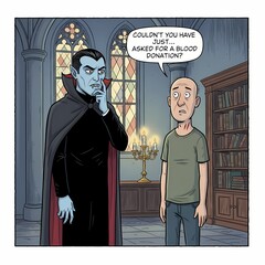 A funny cartoon showing a vampire who just bit a man, while the man says, &ldquo;Couldn&rsquo;t you have just asked for a blood donation?&rdquo; &mdash; a humorous twist on vampire clich&eacute;s.