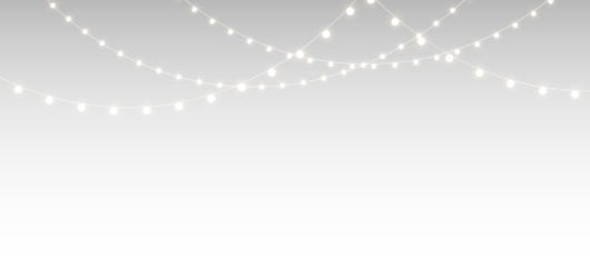 png horizontal christmas garland with bulbs, ribbons, banner, and lamp elements, isolated vector for festive holiday, party decoration, new year, or winter illustration