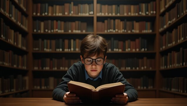 A young boy engrossed in reading a book in a library, surrounded by bookshelves