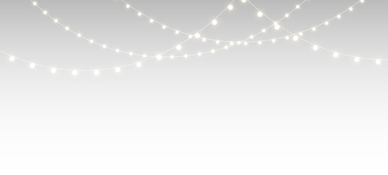 png horizontal christmas garland with bulbs, ribbons, banner, and lamp elements, isolated vector for festive holiday, party decoration, new year, or winter illustration