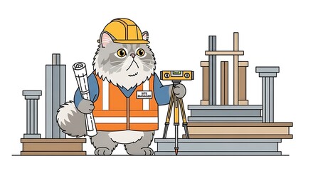 Animated Persian cat wearing construction attire holding blueprints and surveying tools, with building elements