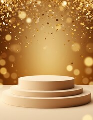 Empty tiered display podium with falling golden confetti and warm bokeh lights, presenting a premium showcase for marketplace product card or awards on a holiday christmas advertising banner