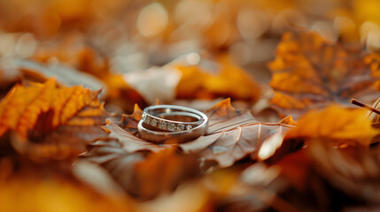 Elegant wedding rings on autumn leaves, romantic mood, warm colors, seasonal decoration