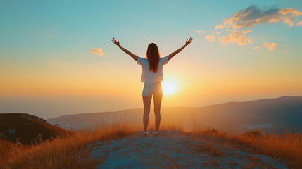 Young woman celebrating at sunset, joyful mood, arms raised, scenic mountain view