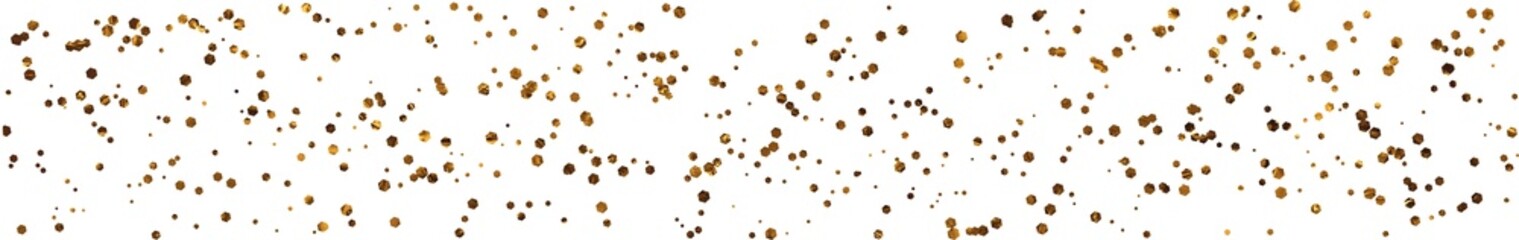 Golden glitter hex confetti scattered isolated on transparent background. Festive shimmering sparkles and luxury gold particles overlay for elegant wedding, holiday, birthday, party decoration design