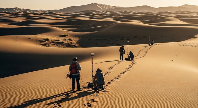 A group of explorers journeying across vast golden sand dunes at sunset.