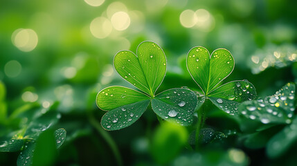Close-up of clover leaves with water droplets, fresh and vibrant, nature's beauty, green background