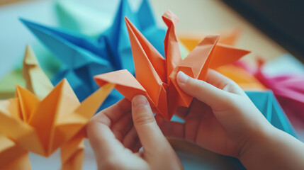 Child's hands creating origami, colorful paper cranes, playful mood, focus on creativity