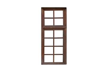 Old brown wooden window frame with divided panes, is isolated.