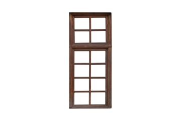 Old brown wooden window frame with divided panes, is isolated.
