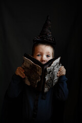 Innocent preschool boy in mystical wizard attire hides behind a fancy bark book, evoking wonder and...