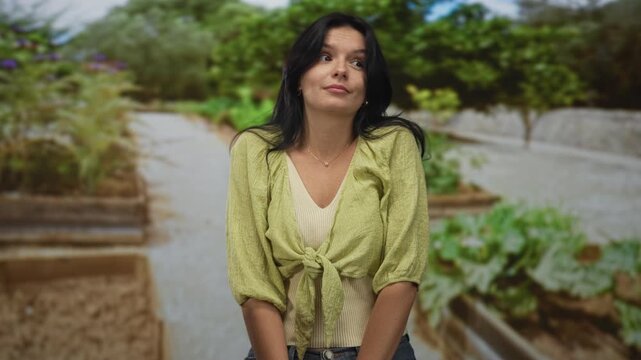 Woman shrugs shoulders on forest path amid green foliage and stone planters, wearing tie front linen blouse; uncertainty.