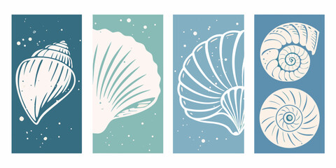 Set of four minimalist abstract seashell illustrations in a cool color palette