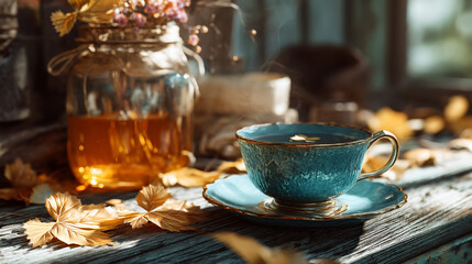 Fototapeta premium A still life of a blue teacup with tea and a jar of honey on a wooden surface with autumn leaves