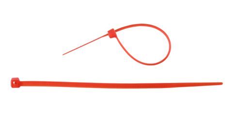 Red plastic cable tie isolated on a transparent background. Completely in focus. PNG.