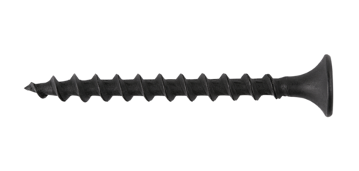 Black steel screw isolated on a transparent background. Completely in focus. PNG.