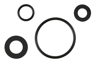 Set rubber sealing rings gaskets isolated on a transparent background. Completely in focus. PNG.