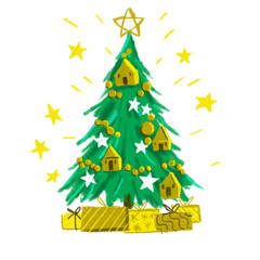 Decorated green Christmas tree with star, lights, ornaments, and gifts under it, festive vector illustration for winter holiday, celebration design, and merry christmas background