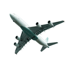 Airplane in flight high above with engines visible during a clear day