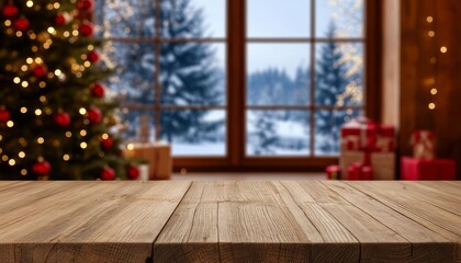 Wooden table foreground with blurry christmas tree and festive gifts inside a rustic house, looking out a window at a snowy winter forest scene at holiday time copy space