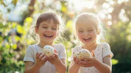 Two joyful little girls holding decorative eggs, playful mood, outdoor setting, bright sunshine
