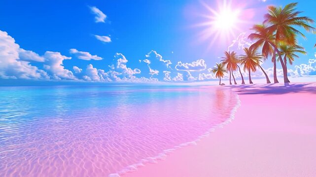 A tropical beach with palm trees and pink sand, where the shimmering water glows softly in a dreamy video scene.