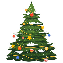 Beautiful decorated Christmas tree with colorful ornaments, golden star, and glowing lights, festive winter holiday vector illustration for christmas celebration, greeting card, and seasonal artwork d