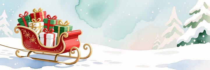 A red sleigh full of Christmas presents in a snowy winter landscape. Festive holiday watercolor illustration. Banner background with copy space