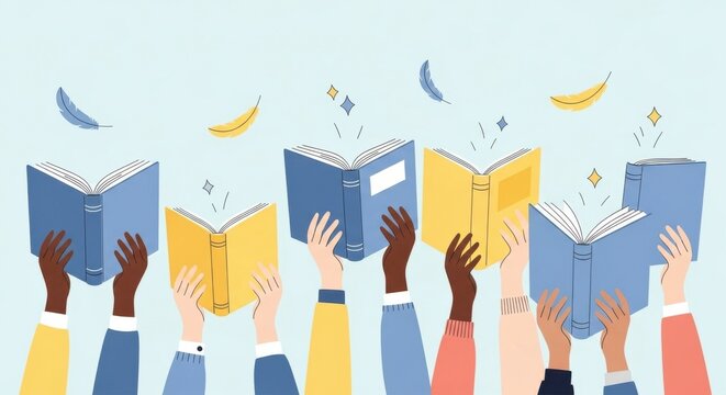 Hands of Diverse Backgrounds Joyfully Raise Colorful Books, Celebrating the Joy of Reading and Knowledge in a Vibrant, Artistic Scene