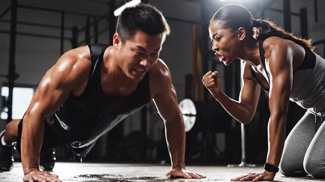 Woman fitness instructor motivating sweating male athlete doing push ups during workout at a gym for physical training, footage