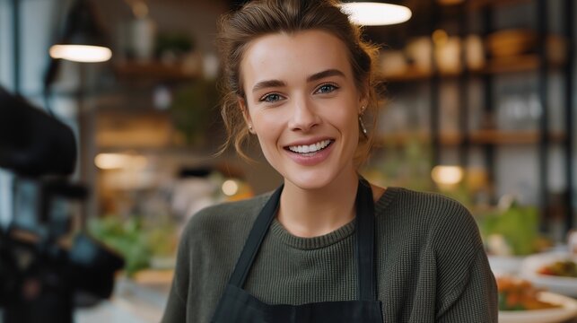 Cooking vlogger preparing dishes while speaking to camera, emotion of joy and authenticity visible, symbolizing culinary storytelling, lifestyle content production, and creative engagement through
