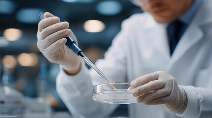 Scientist’s gloved hand holding a glass pipette above clear petri dish, emotion of accuracy and control visible, symbolizing microbiology testing, sterile laboratory conditions, and high-precision
