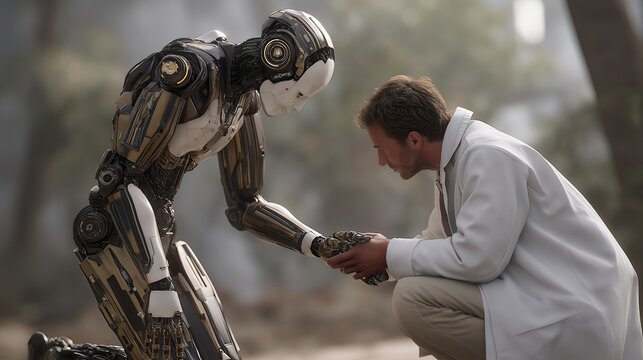 Humanoid android with lifelike synthetic skin and subtle mechanical joints interacting gently with human scientist, symbolizing empathy, artificial consciousness, and human-robot coexistence.