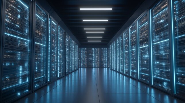 Futuristic server room glowing with neon highlights where rows of machines pulse with light while holographic locks and shields hover in the air, emphasizing data protection, encrypted cloud