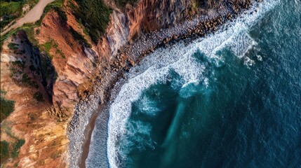 Dramatic Aerial Top View of Rugged Coastline Cliffs and Crashing Waves