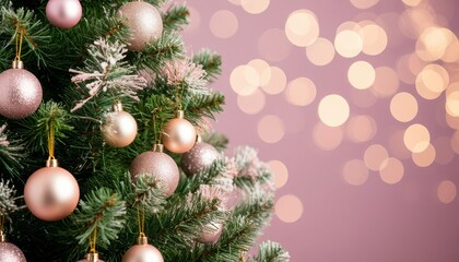 Obraz premium Christmas tree decorated with a mix of pastel pink and rose gold ornaments and faux snow accents, creating a festive holiday background with soft bokeh lights and copy space