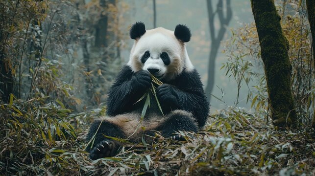 Giant panda eating bamboo in misty forest.