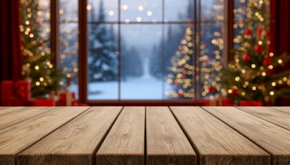 Wooden table foreground with festive christmas trees and bokeh lights, creating a cozy winter holiday background for product display, featuring copy space