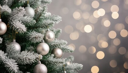 Flocked christmas tree branch decorated with silver and champagne baubles, sparkling against a bokeh background, offering ample copy space for holiday greetings or promotions
