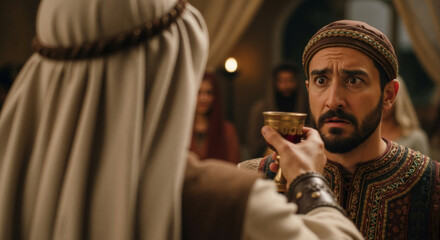 Man with a shocked expression is offered a goblet of wine in a biblical scene. Historical reenactment of the miracle at the wedding of Cana