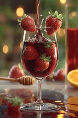 A glass filled with fresh strawberries and blueberries, as a rich red liquid is poured in. The vibrant fruit and refreshing drink create an indulgent, summer-inspired scene. Concept of fruity beverage