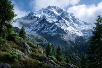 Fototapeta premium Snow-capped mountain rises above lush green forest under a clear blue sky