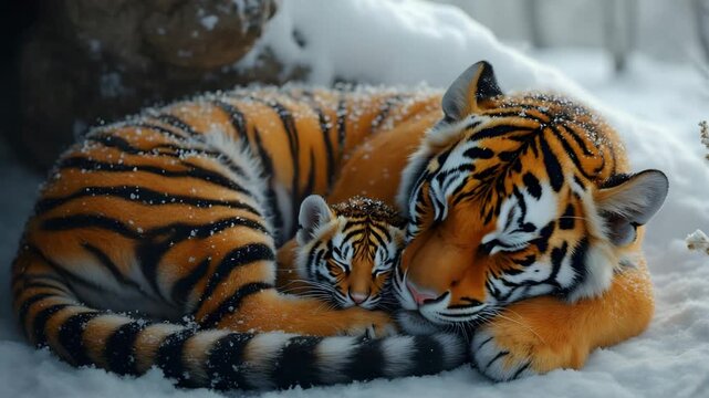 Tiger Family Resting in Snow
