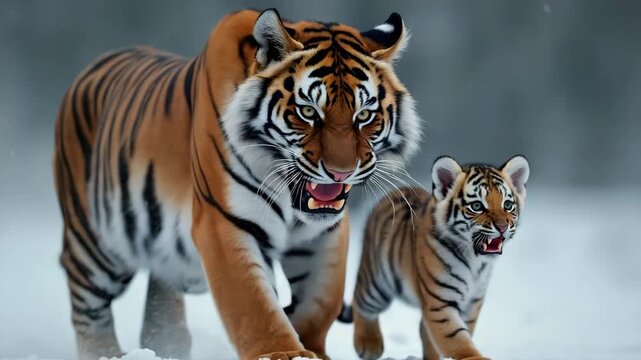 Tigers Walking Together in Snow