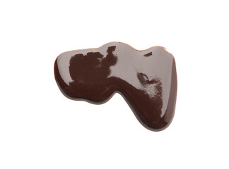 Flow of tasty melted chocolate isolated on white, top view