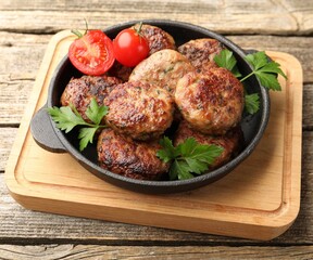 Delicious patties with parsley and tomatoes in pan on wooden table, closeup
