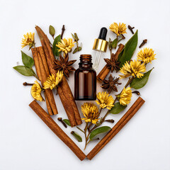 Oil Essential cinnamon anise, Amber glass bottle glass pipette border gold, in the shape of heart, flowers